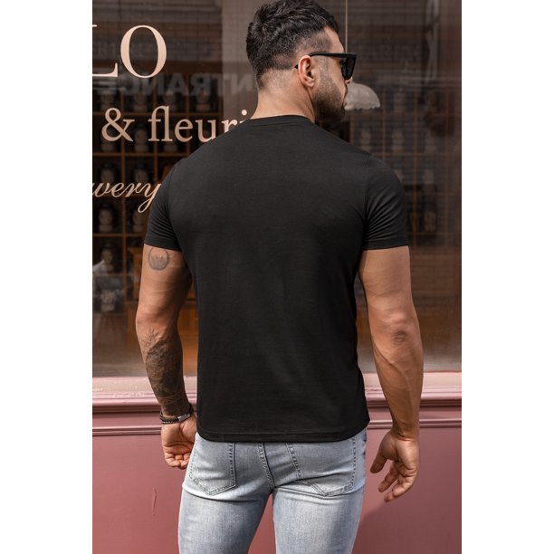 ABPHQTO Camiseta de manga corta con cuello redondo y estampado de letras negras para hombre
