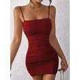 thumbnail image 5 of Women's Sleeveless Ruched Spaghetti Strap Bodycon Mini Dress Wine Red L, 5 of 8