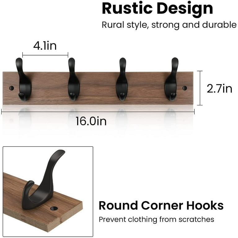2 Packs 16 Wall Mount Wooden Rustic Hook Rack Coat Rack Hook Board with 4 Metal Hooks for Wall Organizer,Brown , Brown