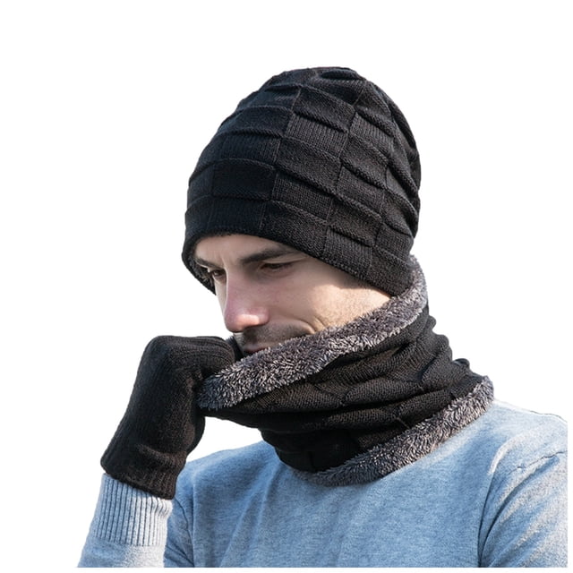 Men's Winter Knitted Hat Windproof Warm Three-Piece Set Scarf Gloves Hats for Cold Weather