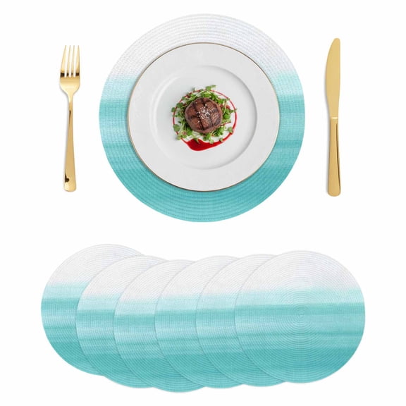 Aqua White Ombre Round 13 Inch Placemats Set of 6, Chic Modern Funny Abstract Striped Art HeatResistant Non Slip Place Mats for Dining Table, Wipeable Braided Kitchen Table Mats for Housewarming