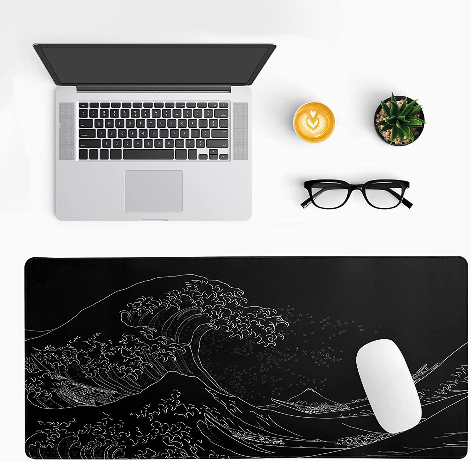 Japanese Sea Wave Large Mouse Pad, Anime Black Gaming Mouse Pad Extended Kanagawa Mouse Mat Desk Pad, 3mm Thick Long Non-Slip Rubber Base Mice Pad, 31.5 X 11.8 Inch