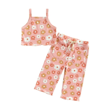 

wybzd Kids Girls Summer Floral Print Sleeveless Camisole Tanks Tops Print Drawstring Long Pants with Pocket 1-6 Years