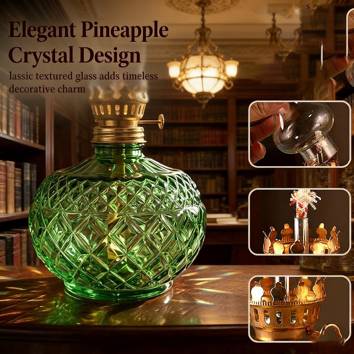 Vintage Glass Oil Lamp – Pineapple-Shaped Hurricane Lantern, 7.6 Inch Oil Lamp with Adjustable Wick & Metal Burner, Smokeless Flame for Emergency Lighting & Home Decor