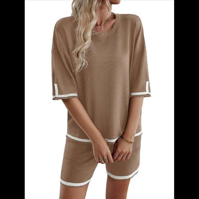 Conjuntos de Dos Piezas para Mujer: Jersey de Corta, Pantalones Anchos y Conjuntos de Viaje de Verano Caqui XL