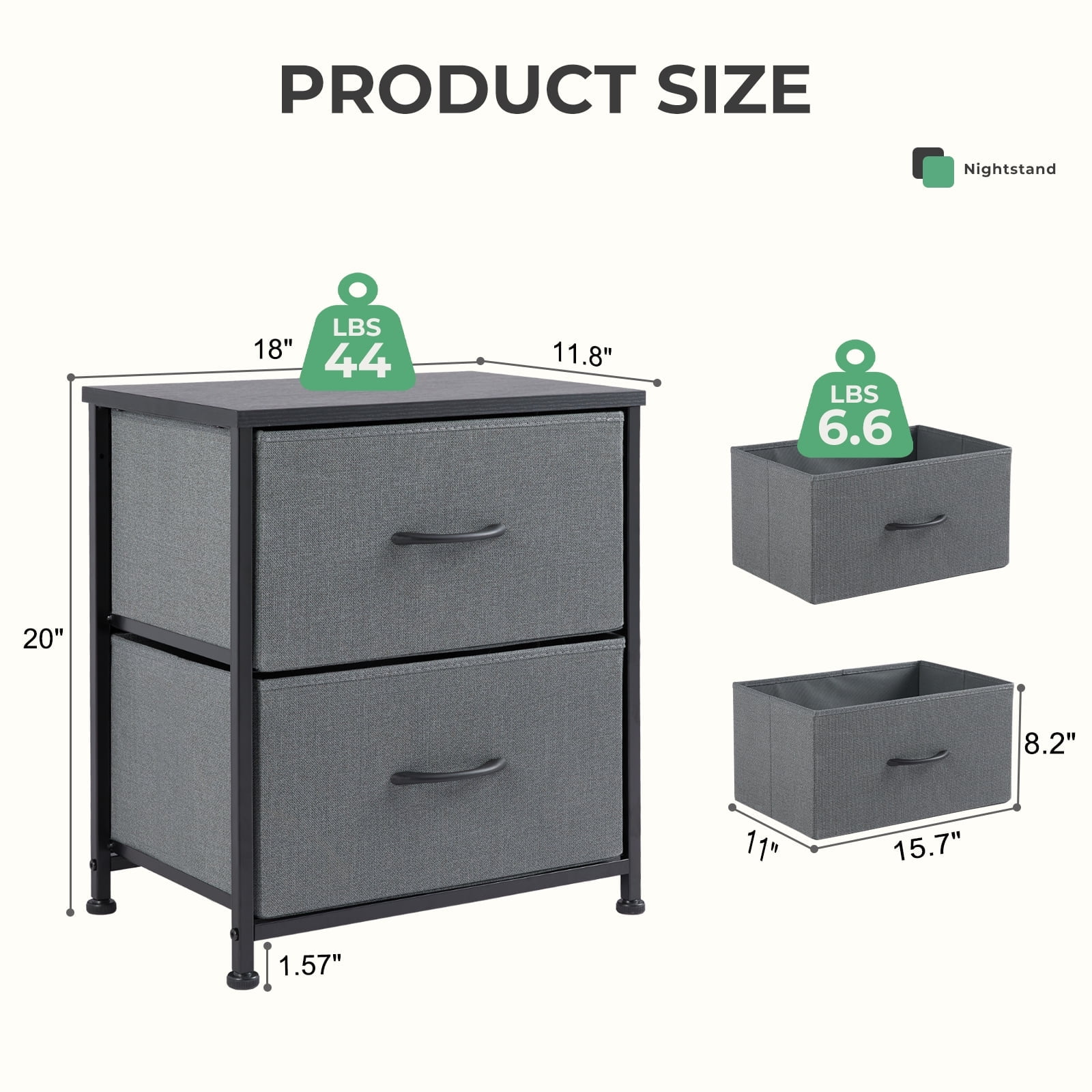 JOINSUN Grey Nightstand Dressers with 2 Fabric Drawers, Ideal for Bedroom Organization, Set of 2