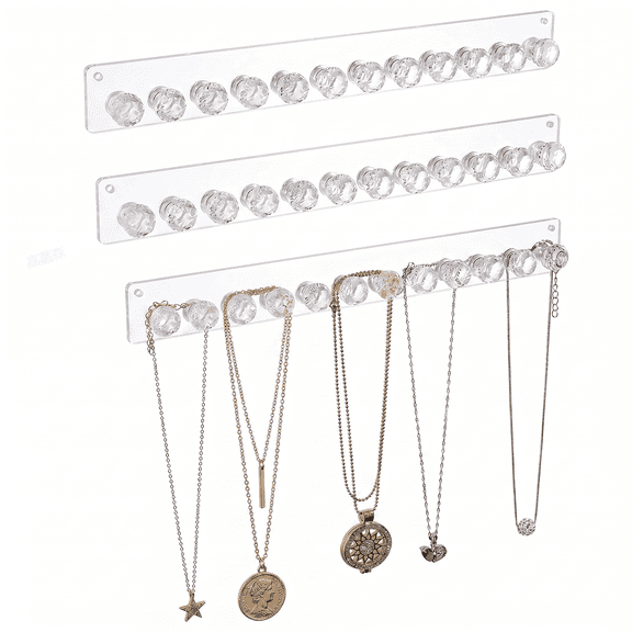 ROSEXIXI Wall Mounted Jewelry Organizer 3Pcs Clear Acrylic With 12 Diamond Hooks Space Saving Adhesive Jewelry Display Rack For Necklaces Bracelets Earrings Storage Home Decor