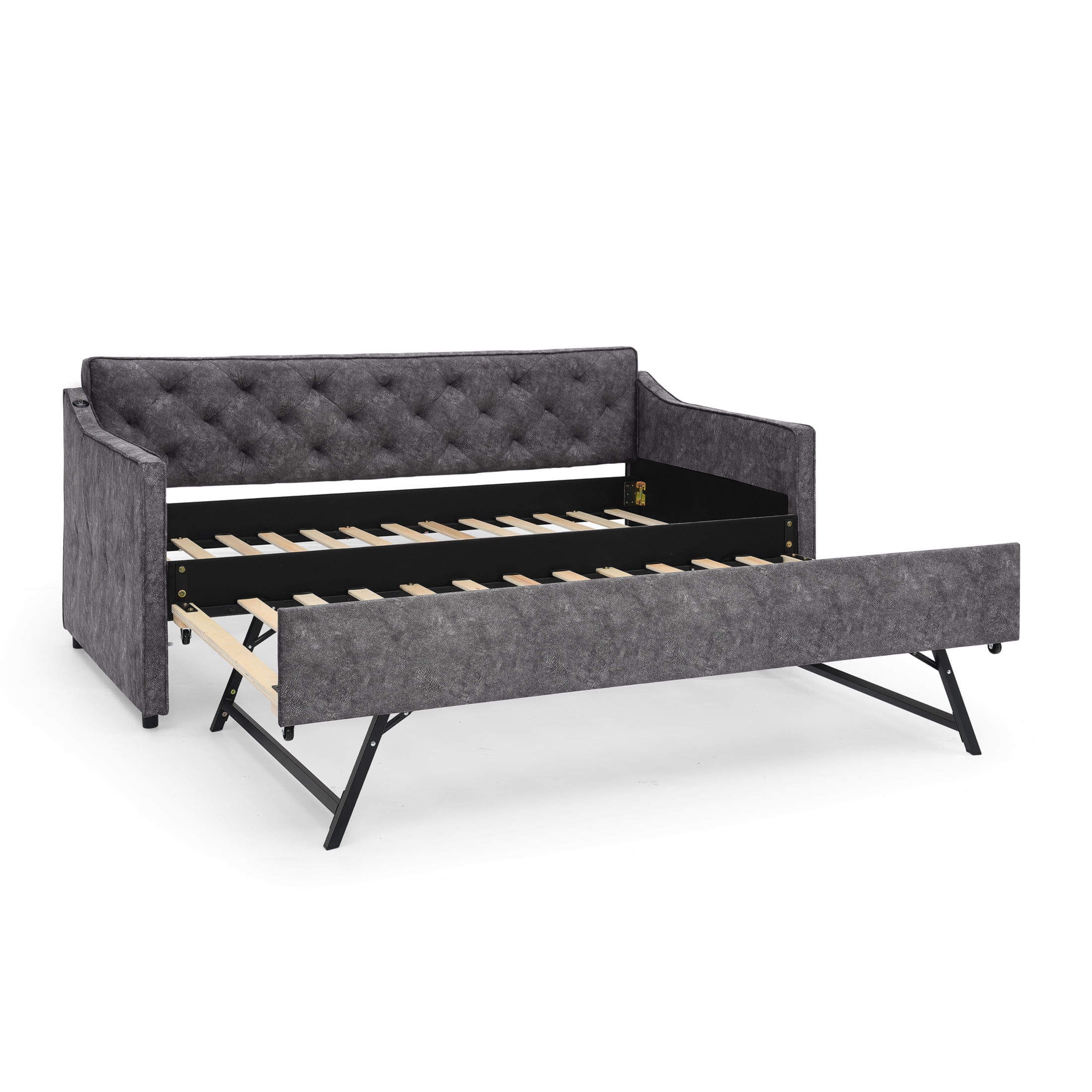 Noble House Belric Twin Size Velvet Tufted Daybed, Sofa Bed Frame with Pop-Up Trundle and Built-In Charging Port, Grey