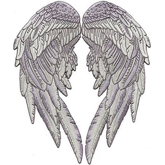 Angel Wings Patches | Silver 3D Feathers Back Patch | Embroidered Iron On | Large 2pc. Set - by Nixon Thread Co. (14.5")