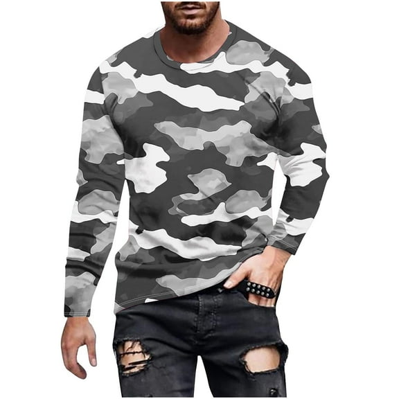 KeShDi Mens Sweatshirt Mens Flannel Shirt Men's Camouflage Print Crewneck Casual Long-sleeved Gray M