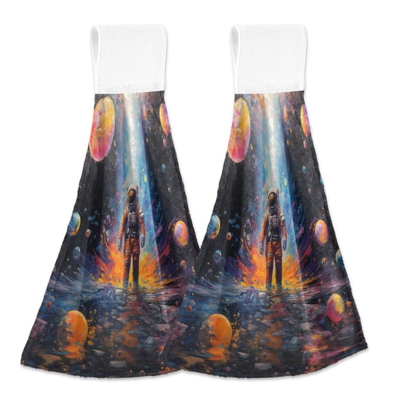 2 Pcs Astronaut on Water and Bubbles Kitchen Hand Towels with Hanging Loops Absorbent Soft Fast Drying Decor Bath Towels