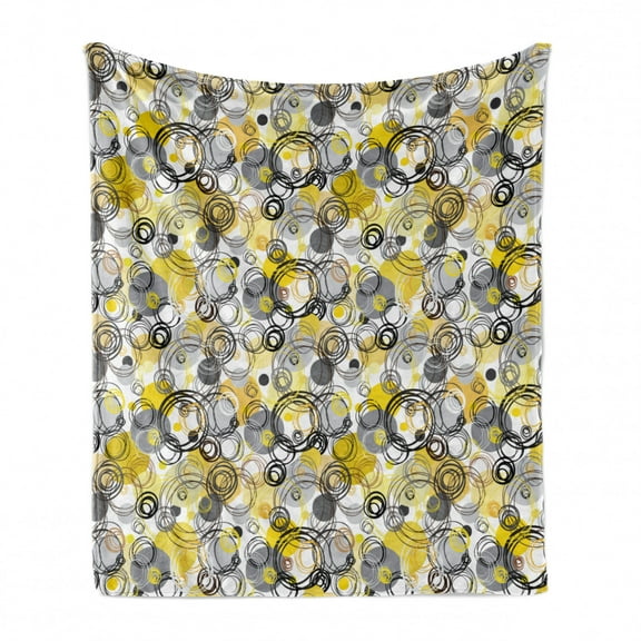 Grey and Yellow Soft Flannel Fleece Throw Blanket, Hand Drawn Sketchy Geometrical Retro Modern Circles Image Illustration, Cozy Plush for Indoor and Outdoor Use, 70" x 90", White Beige, by Ambesonne