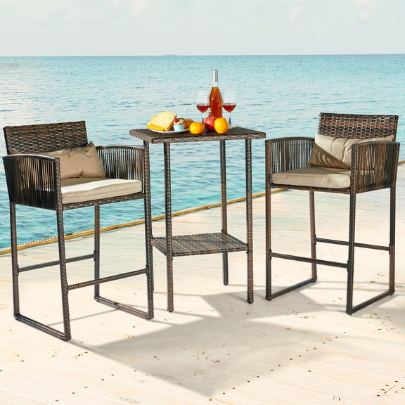 Zimtown Outdoor 3-Piece Bar Set, 2-Person Bar Height Table & Stools with Beige Cushions, Brown Gradient Rattan