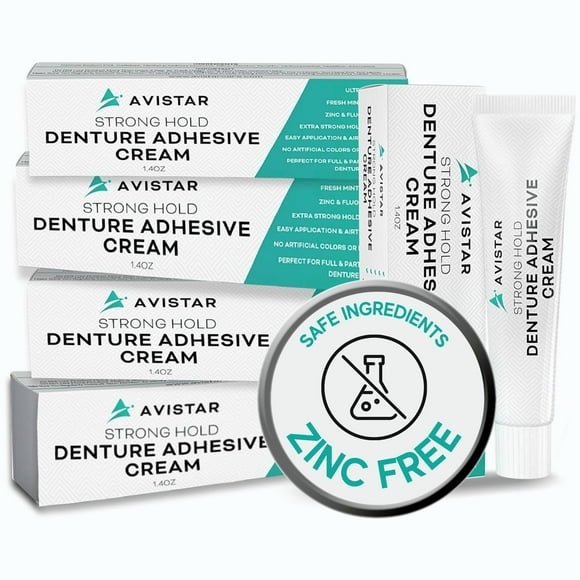 Crème Adhésive pour Dentier Extra Forte, Colle Dentaire Tenue 12 Heures, Imperméable, Sans Zinc Ni Fluorure, Buse à Application Facile, Scelle les Aliments pour le Confort, Saveur Menthe (Lot de 5, 7 Fl Oz)