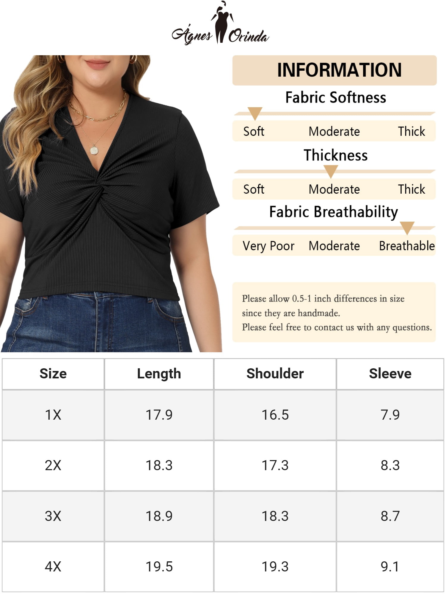 Women's Plus Size Twist Front V Neck Ribbed Short Sleeve Casual Solid Blouses Black 2X