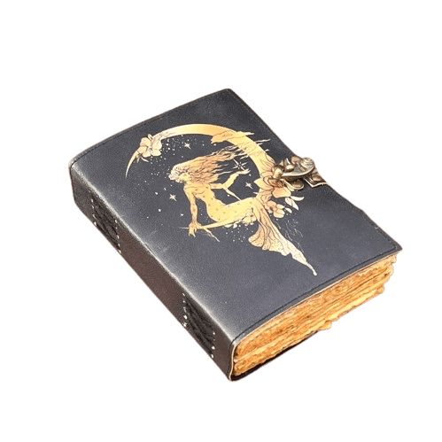 Handmade Leather Journal with Vintage Deckle Paper – 5x7 Inch Fairy & Moon Embossed Notebook, 200 Pages
