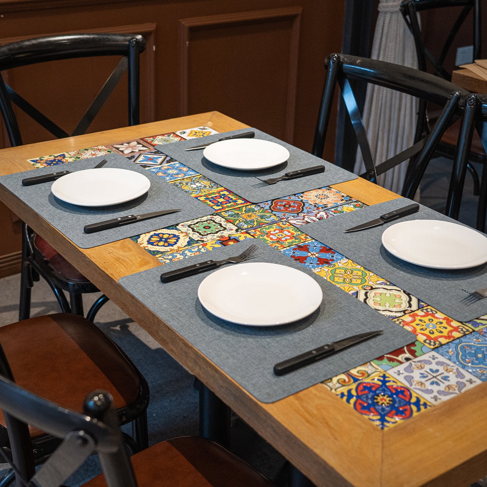 PROMATTOO Faux Leather Placemats Set of 6,Heat Resistant Dining Table Mats,17”x12”,Charcoal Blue
