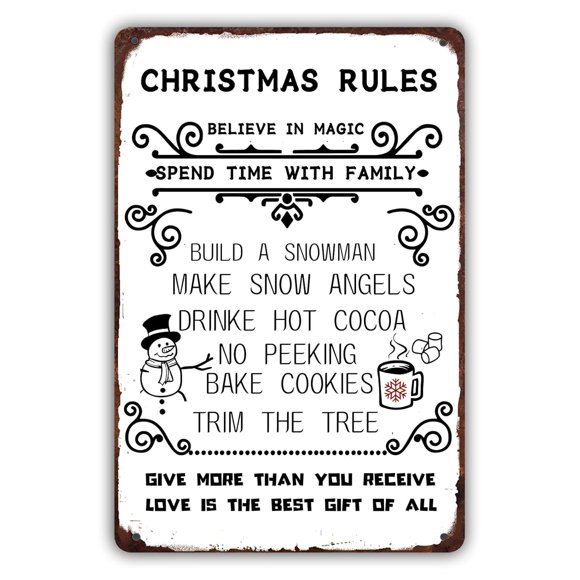 Christmas House Rules Metal Tin Sign Christmas Decor Hot Cocoa Snowman Family Wall Sign Home Bar Pub House Decoration Vintage Tin Sign 8x12 inch