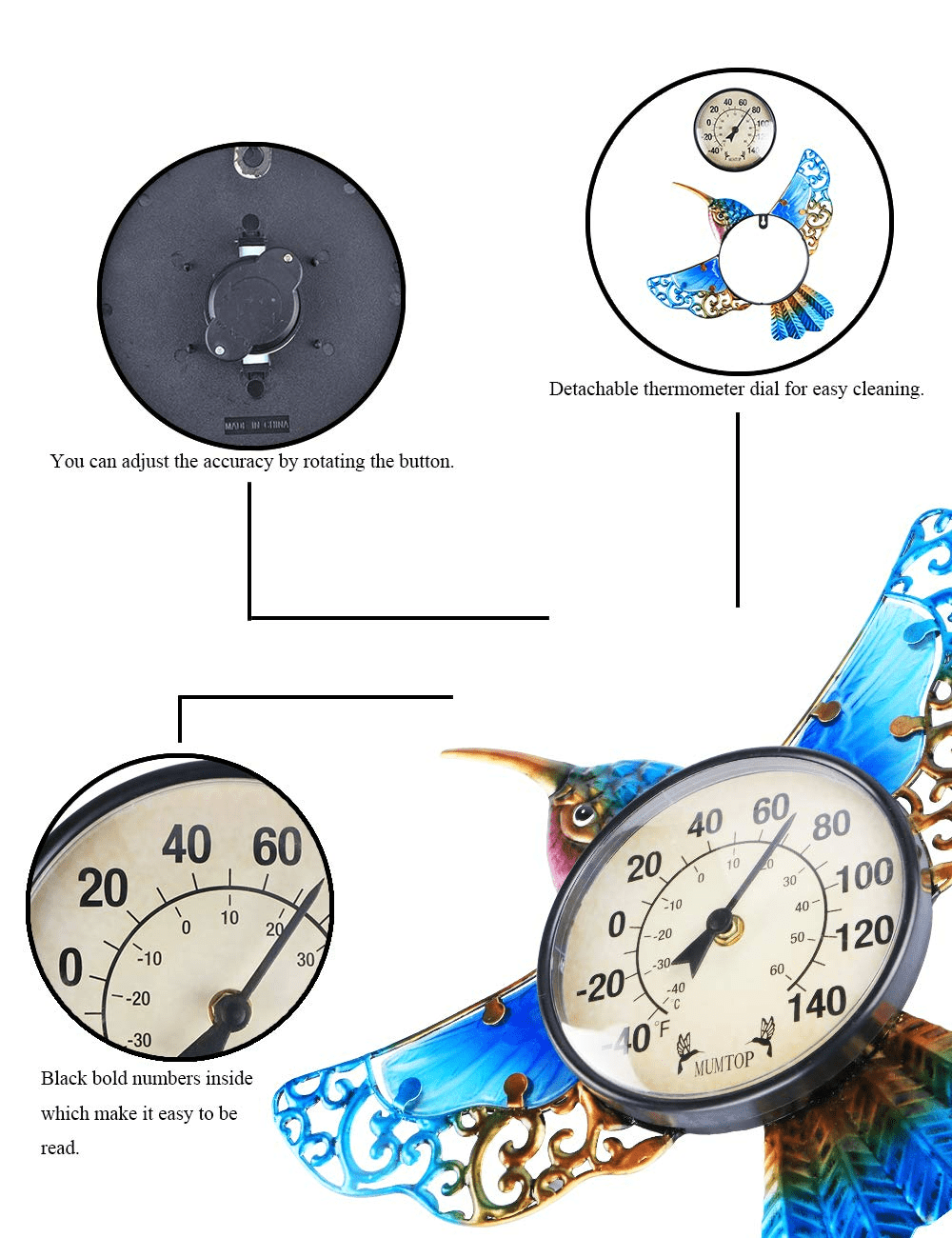 WONDER Garden Thermometer Indoor Outdoor Patio Blue Hummingbird with Waterproof Feature for Outdoor Decor,Wall Mountable,Weather Resistant