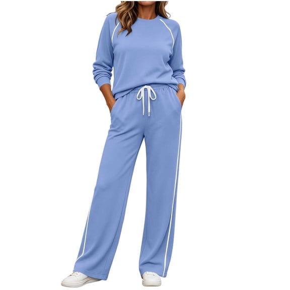 LUVDA Womens 2 Piece Sets Retro Sporty Outfit Contrast Trim Crew Neck Top Stripe Wide Leg Pants