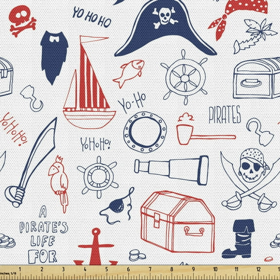 Ambesonne Pirates Fabric by the Yard Upholstery, Hand Drawn Sailor Theme, 10 Yards, Scarlet Navy Blue White