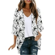 VEKDONE 3/4 Puff Sleeve Chiffon Cardigan for Women Fashion Print Lightweight Capes Ladies Loose Fit Breathable Cover Ups Hawaiian Beach Cardigans