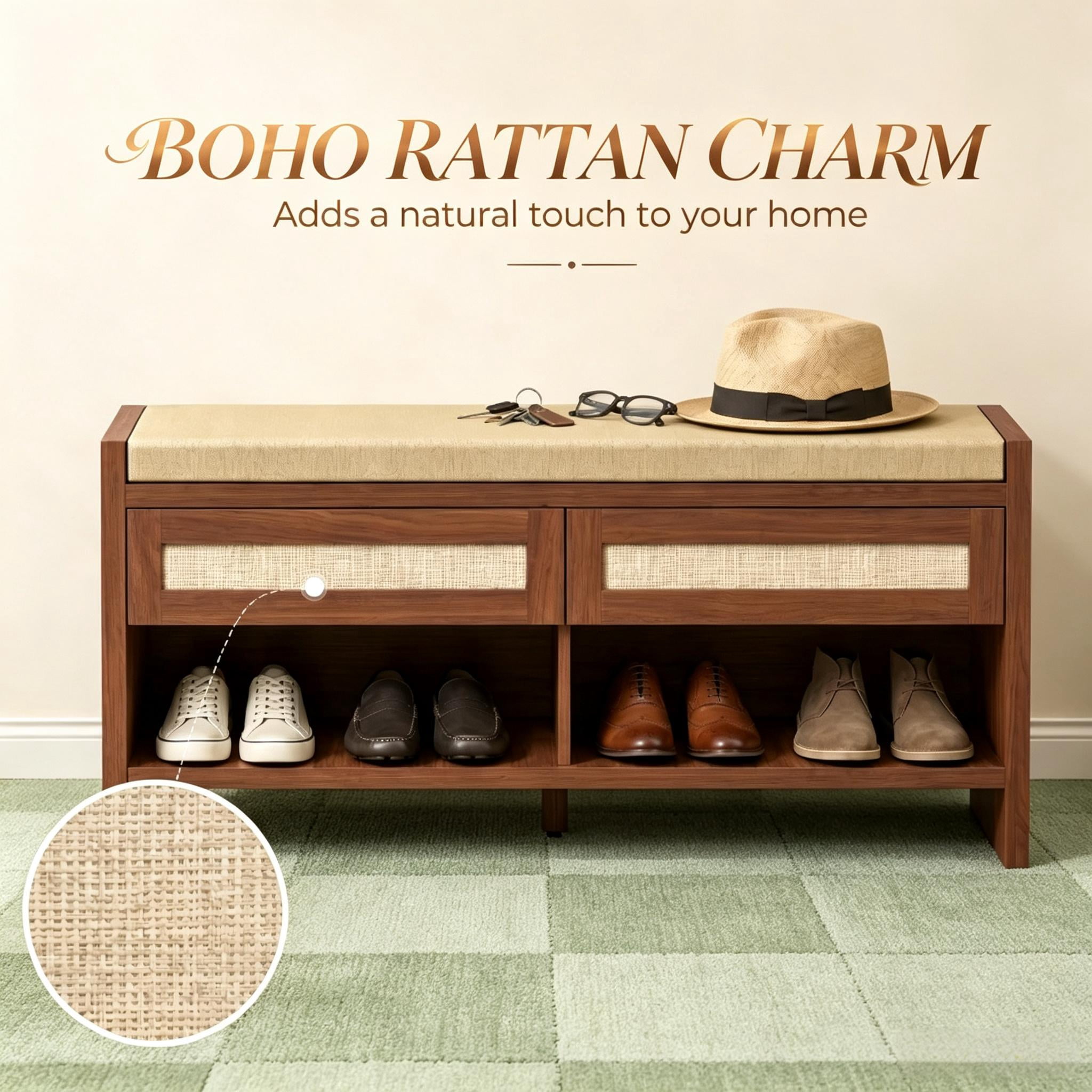 Shoe Bench with Cushioned Seat, 2 Rattan Drawers and Open Storage Shelf