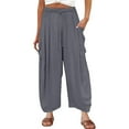 thumbnail image 2 of Women's Casual Pants Womens Elastic Waisted Pleated High Waisted Wide Leg Pants Loose Casual Cotton And Linen Cropped Pants Beach Casual Pants,Gray Women's Casual Pants M, 2 of 4