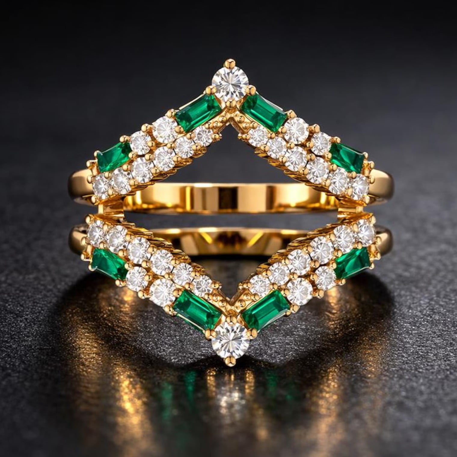 Divine_creation Gold-Plated Sterling Silver Wrap Ring Guard Green Emerald CZ Chevron Design-4