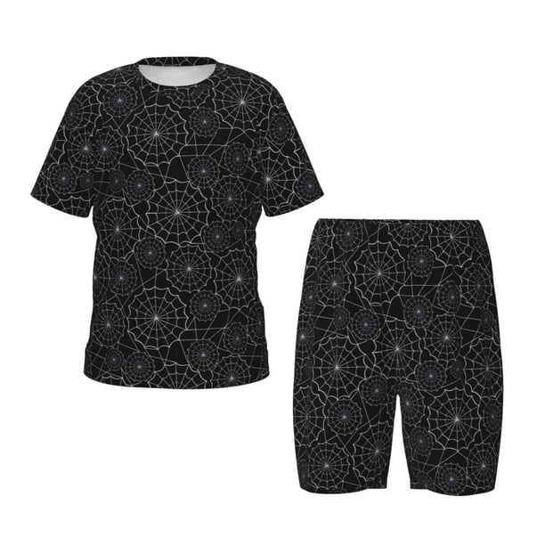 Fotbe Spider Web Black Pijama Estampada de 2 Piezas para Niños – Ropa de Dormir de Manga Corta Cómoda para Niños y Niñas, Camiseta y Shorts de Algodón-Large