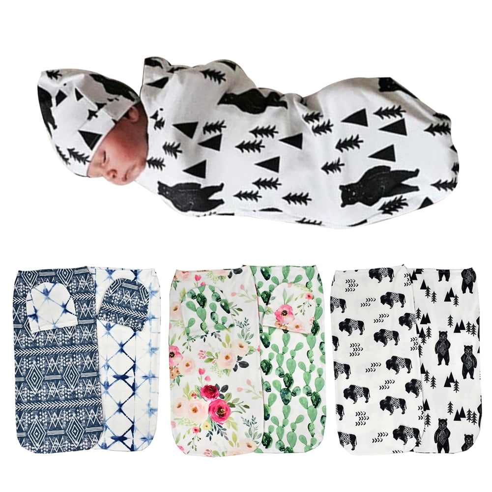 2PC Baby Swaddle Wrap Newborn Infant Baby Soft Bedding Blanket Sleeping Bag+Hat 
