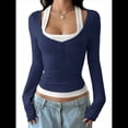 thumbnail image 3 of Camisetas Henley de Larga para Mujer, Blusa Básica Informal de Punto Acanalado con Botones y Corte Ajustado. Azul Marino XL, 3 of 7