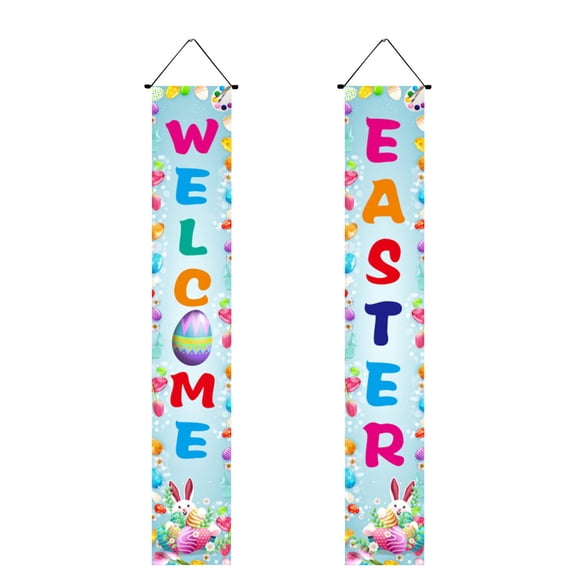 Weloille 1Pair Happy Easter Porch Sign, Hanging Banner Easter Bunny Holiday Door Sign Decorations for Home Outdoor Indoor Wall Front Door Decor