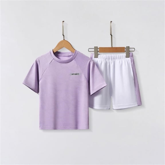Kids' Comfort 4-13Y 2 Piece Sport Set, Short Sleeve Top & Elastic Shorts, Quick Dry Summer Outfit Purple 8-9 Years