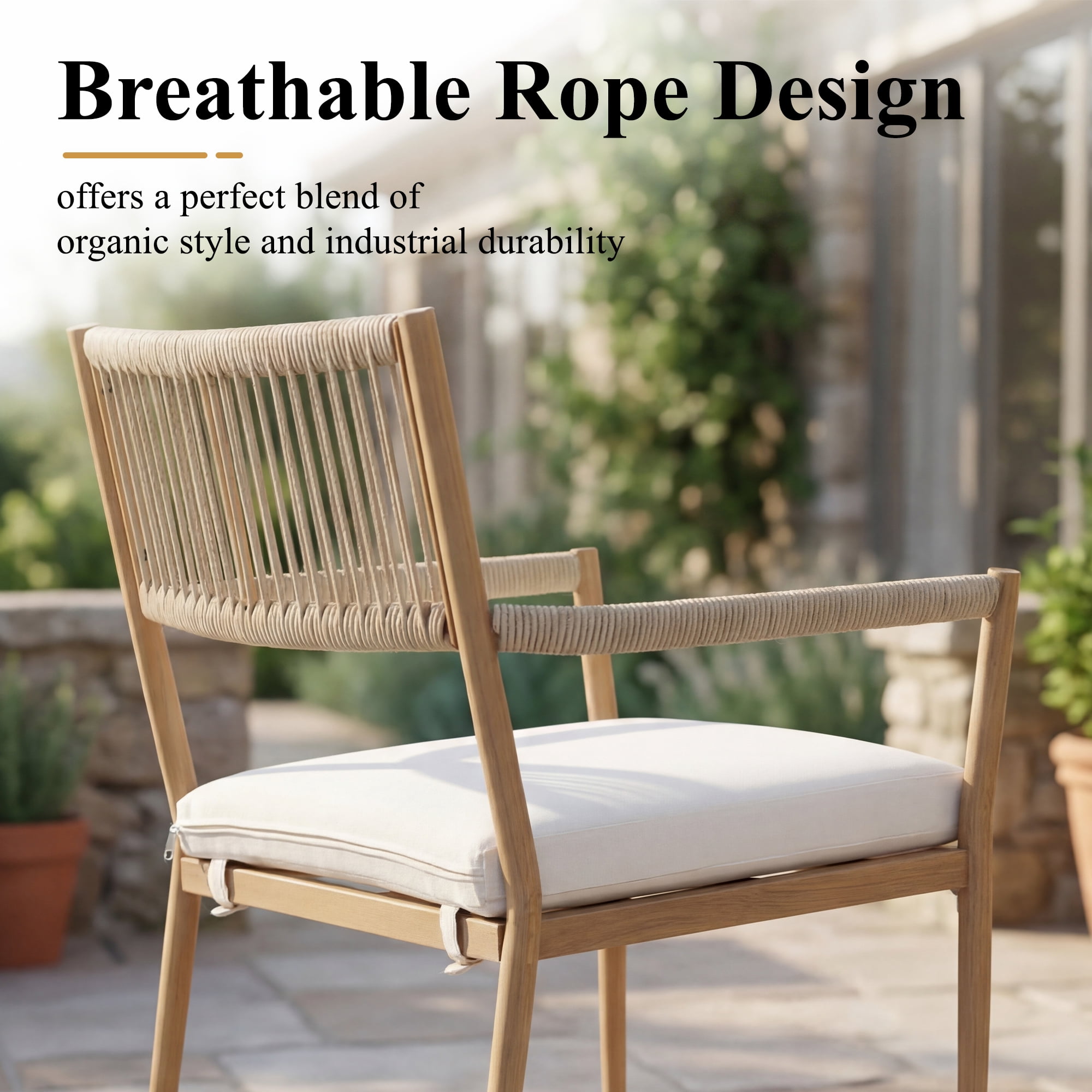 Dayalane Outdoor Dining Chairs Set of 2, Rope Rattan Patio Chairs with Cushions & Armrests, Weather-Resistant Metal Frame for Patio, Balcony/Bistro, Beige