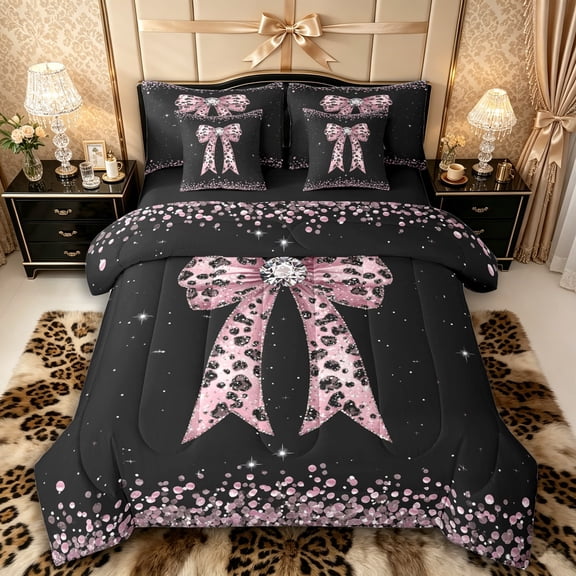 Manfei Cheetah Print Bowknot Twin Bedding Sets 7-Piece for Girls Women,Kids Teens Bling Crystal Sequins Bedding Comforter Set,Black Reversible,Super Cozy Room Decor