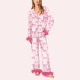 thumbnail image 2 of Tnhcen Valentine's Day Women's Cozy Comfortable Pajama Set with Fluffy Trim Pink Bow Print Long Sleeve Collar Design in Satin Fabric Sleepwear for Women Plus Size S-2XL, 2 of 7