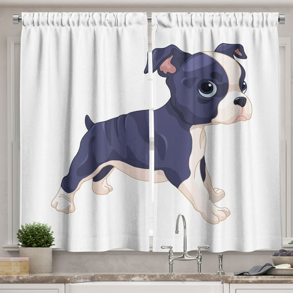 Ambesonne Boston Terrier Kitchen Curtains, Cartoon Playful Dog, 55"x45", Dark Indigo White