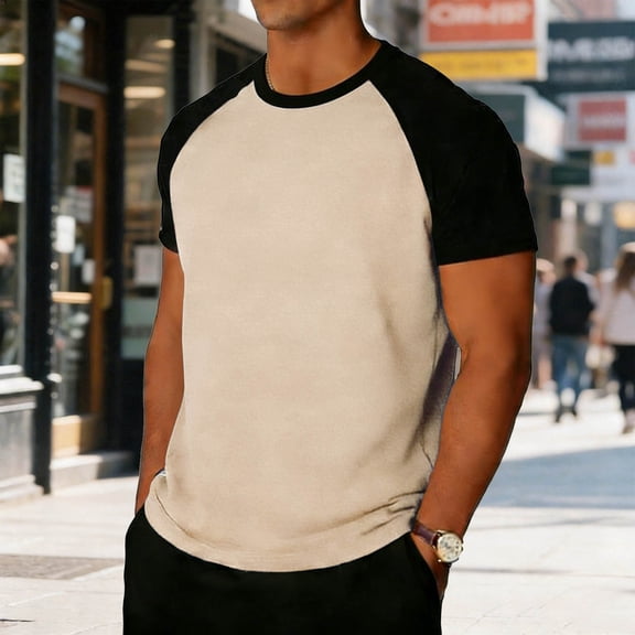 Fnooota Mens T Shirts, Crew Neck Casual Color Block Short Sleeve Summer Tops Beige Size S-2XL