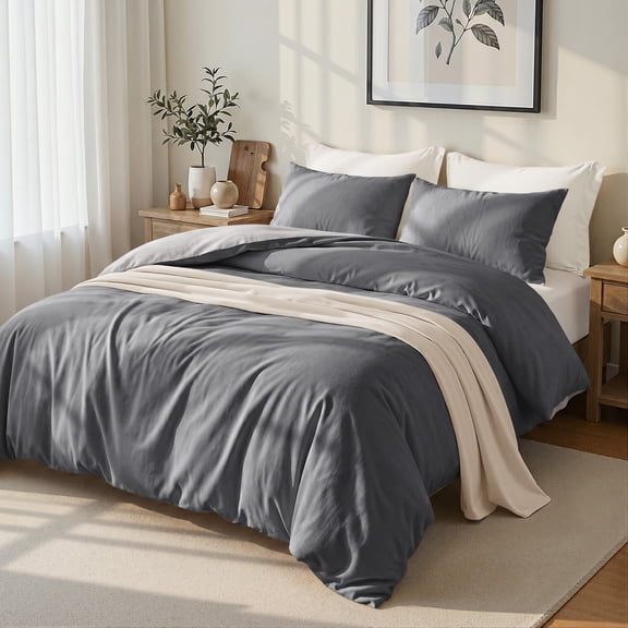 Exclusivo Mezcla Queen Bedding Duvet Cover Set, 3 Pieces Lightweight Comforter Cover with Pillow Shams (Light Grey and Dark Grey)