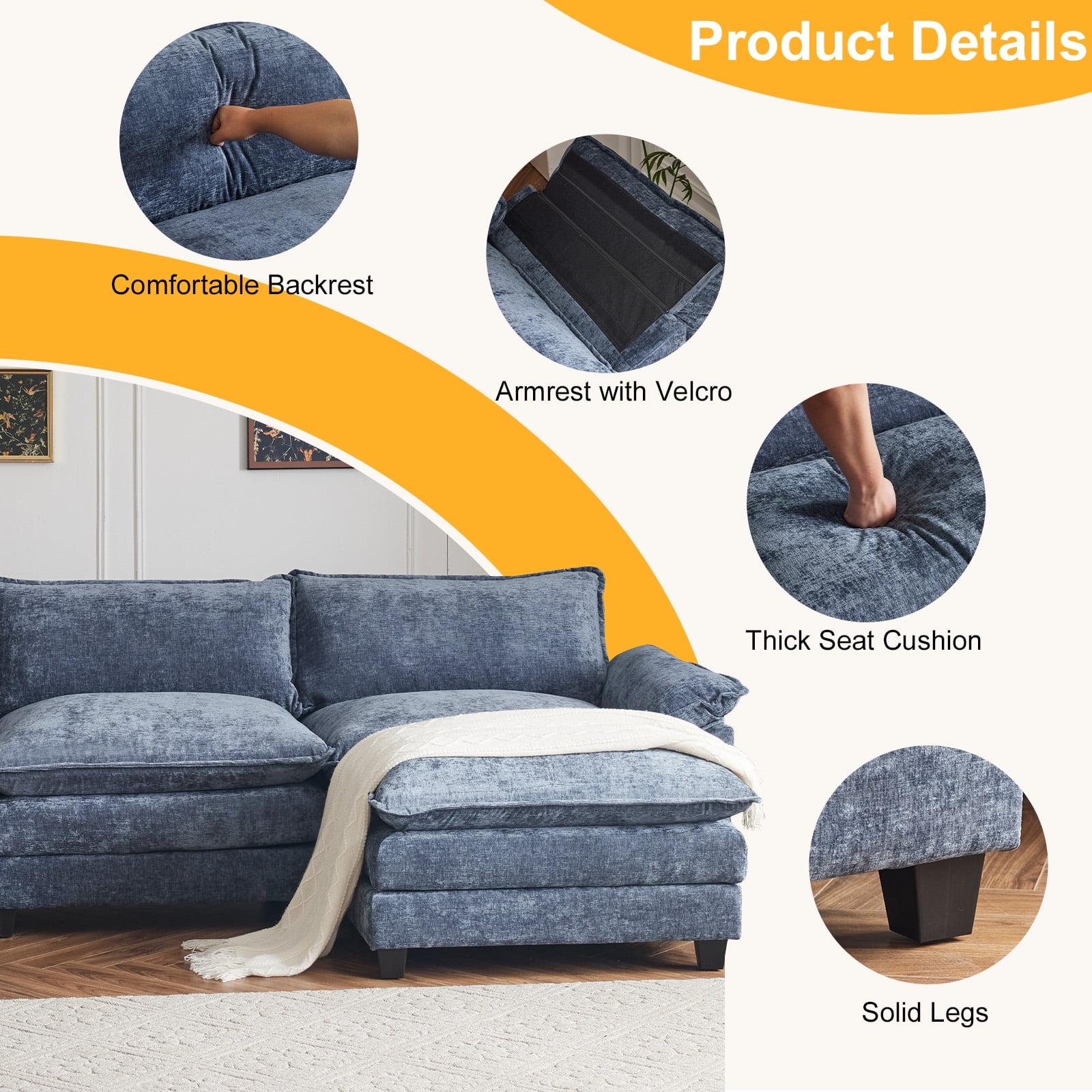 Ktaxon 120" W Sectional Sofa U Shaped Couch with Double Chaise Chenille Sleeper Set with 3 Oversized Seats Gray-Blue