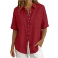 thumbnail image 6 of ClodeEU Women's Linen Blend Short Sleeve Button Down Shirt, Casual Loose Fit Blouse Red,Women's Plus L, 6 of 7