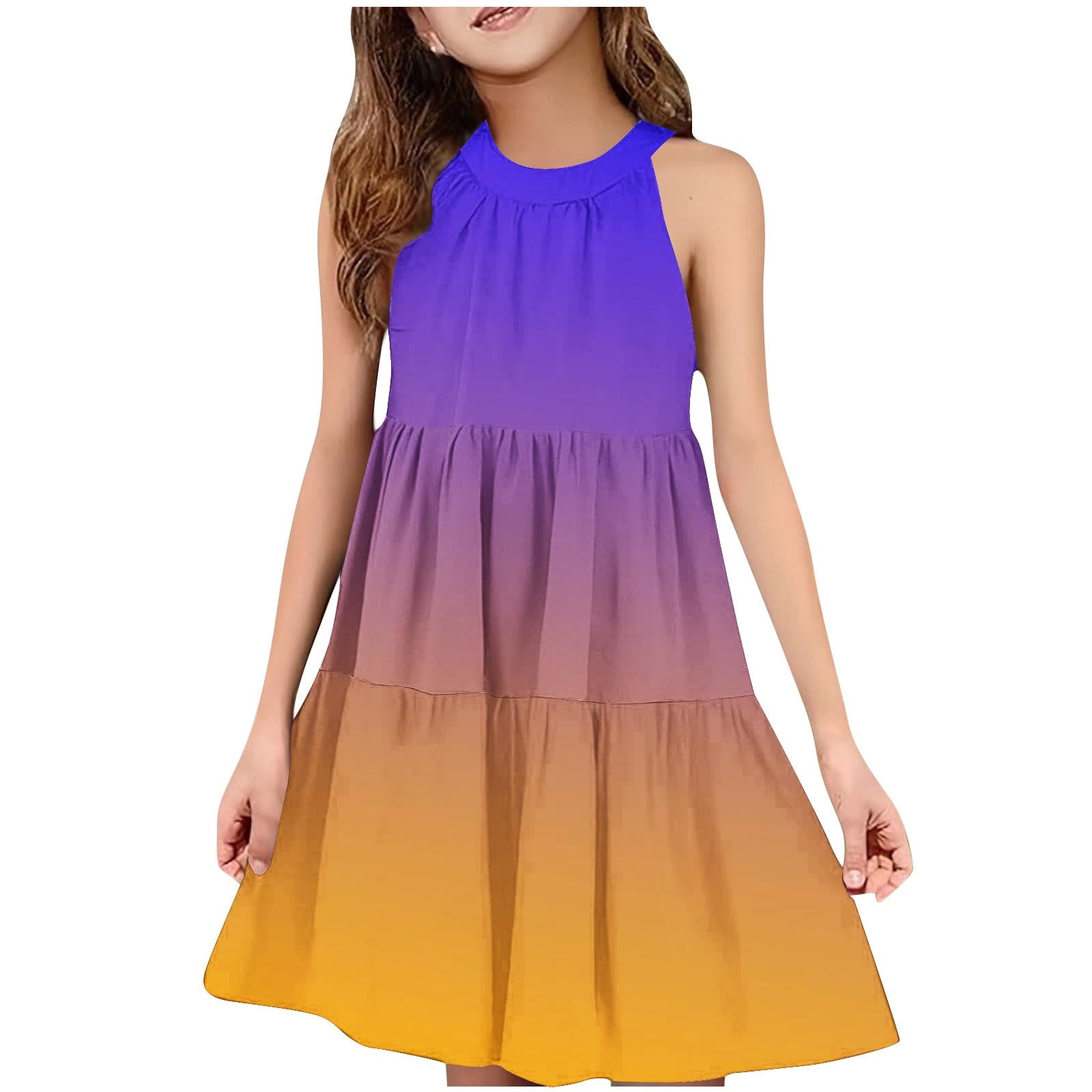 ZACPNCV Girls Sleeveless Gradient Dress Summer Casual Sundress Skater Swing Twirly Halter Dress Yellow 4-5 Years