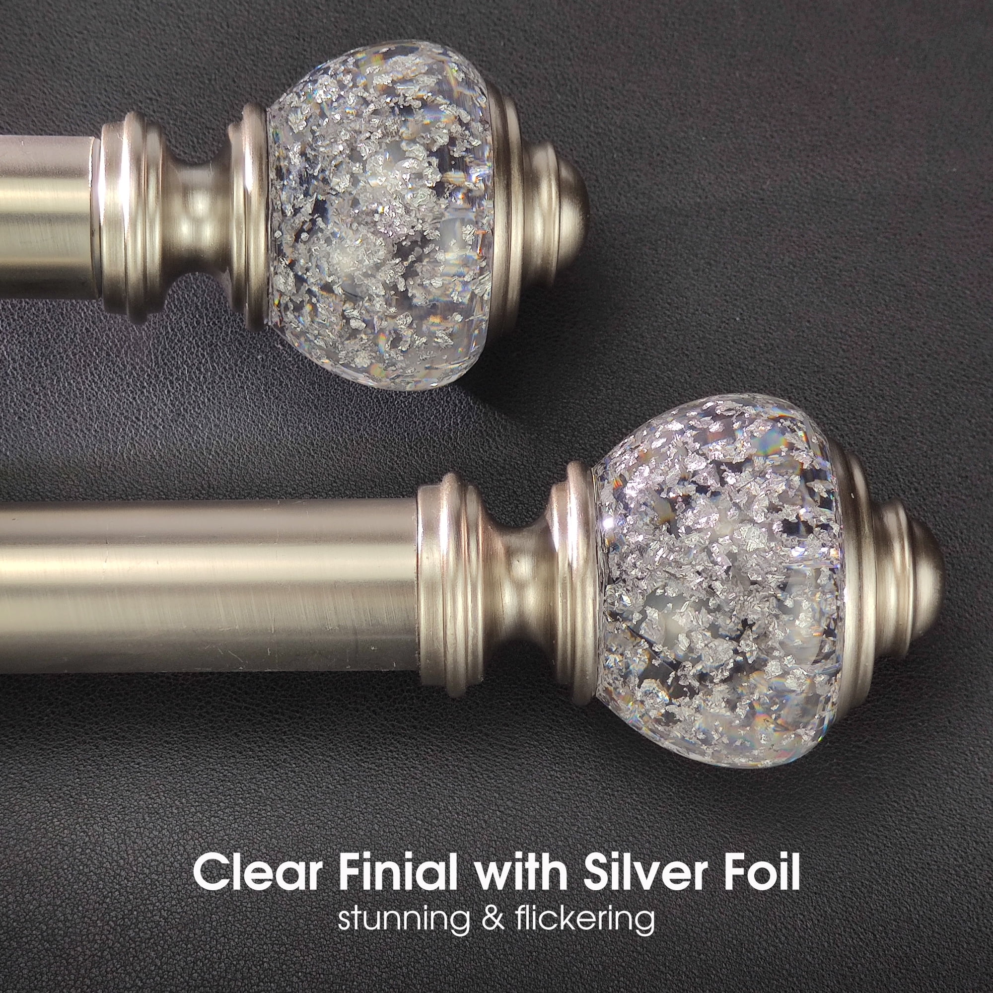SKYPLUS LIVING 1-1/8 inch Single Window Curtain Rod with Foiled Finials Set, Adjustable 72-144 in,Silver