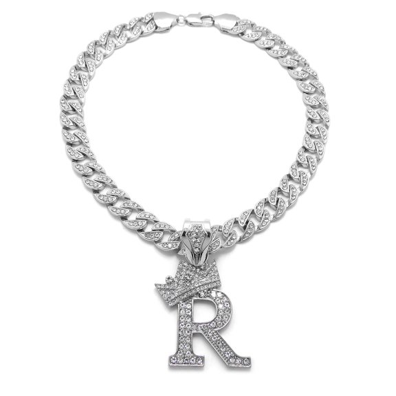 iJewelry2 Kings and Queens Crowned Initial Letter R Crystals Pendant Silver-tone Cuban Linked Chain Necklace