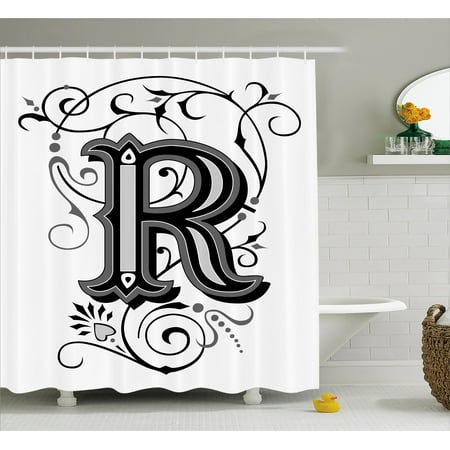 Swirl Double Old Fashioned - Letter R Shower Curtain, Baroque Antique R Typography with Old Fashion English Aristocratic Swirls, Fabric Bathroom Set with Hooks, 69W X 70L Inches, Black Grey White, by Ambesonne