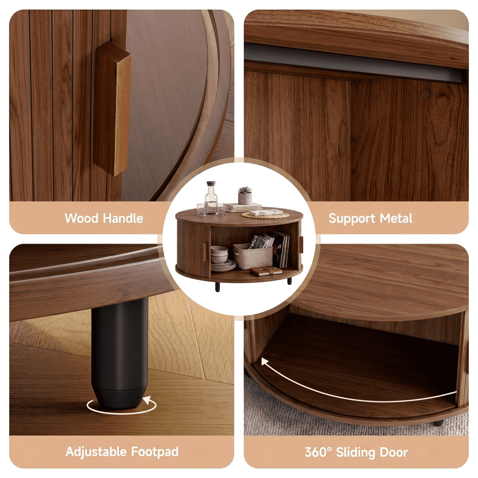 ROGALIS 31.5" Round Coffee Table with Storage, Modern Coffee Table with 360° Curved Sliding Door, Fluted Wood Coffee Table with Adjustable Footpads for Living Room, Walnut