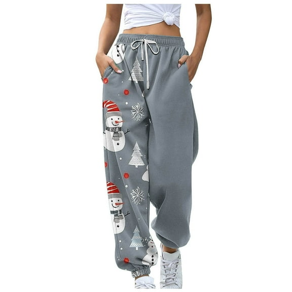 Cavosen Christmas Sweat Pants Women Baggy Trousers with Pockets Snowman Elastic Waist Bottoms Drawstring Workout Pants
