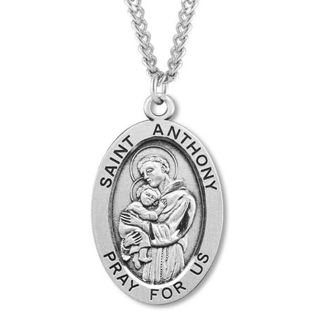 Men's Sterling Silver Oval Saint Anthony Pendant + 24 Inch Endless Rhodium Plated Chain