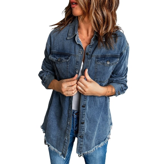 Distressed Frayed Hem Women Denim Jacket Fashion Vintage Oversized Long Sleeve Button Lapel Jean Shacket With Pocket